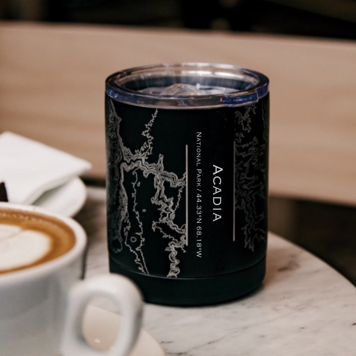 Acadia National Park Engraved Topographic Map Insulated Cup in Matte Black