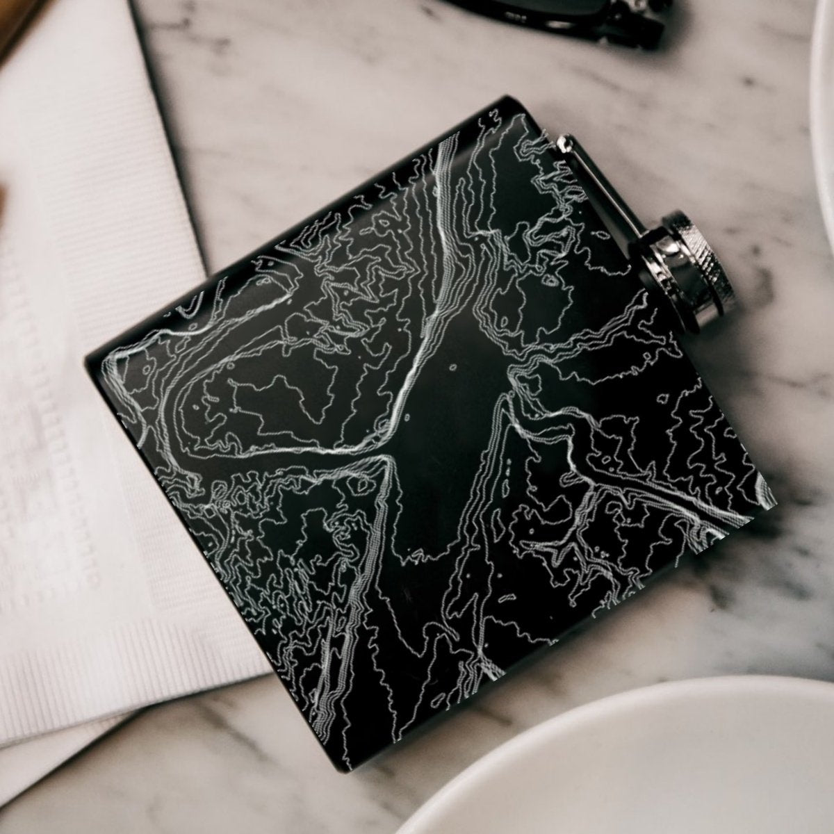 Arches National Park Engraved Topographic Map Hip Flask in Matte Black