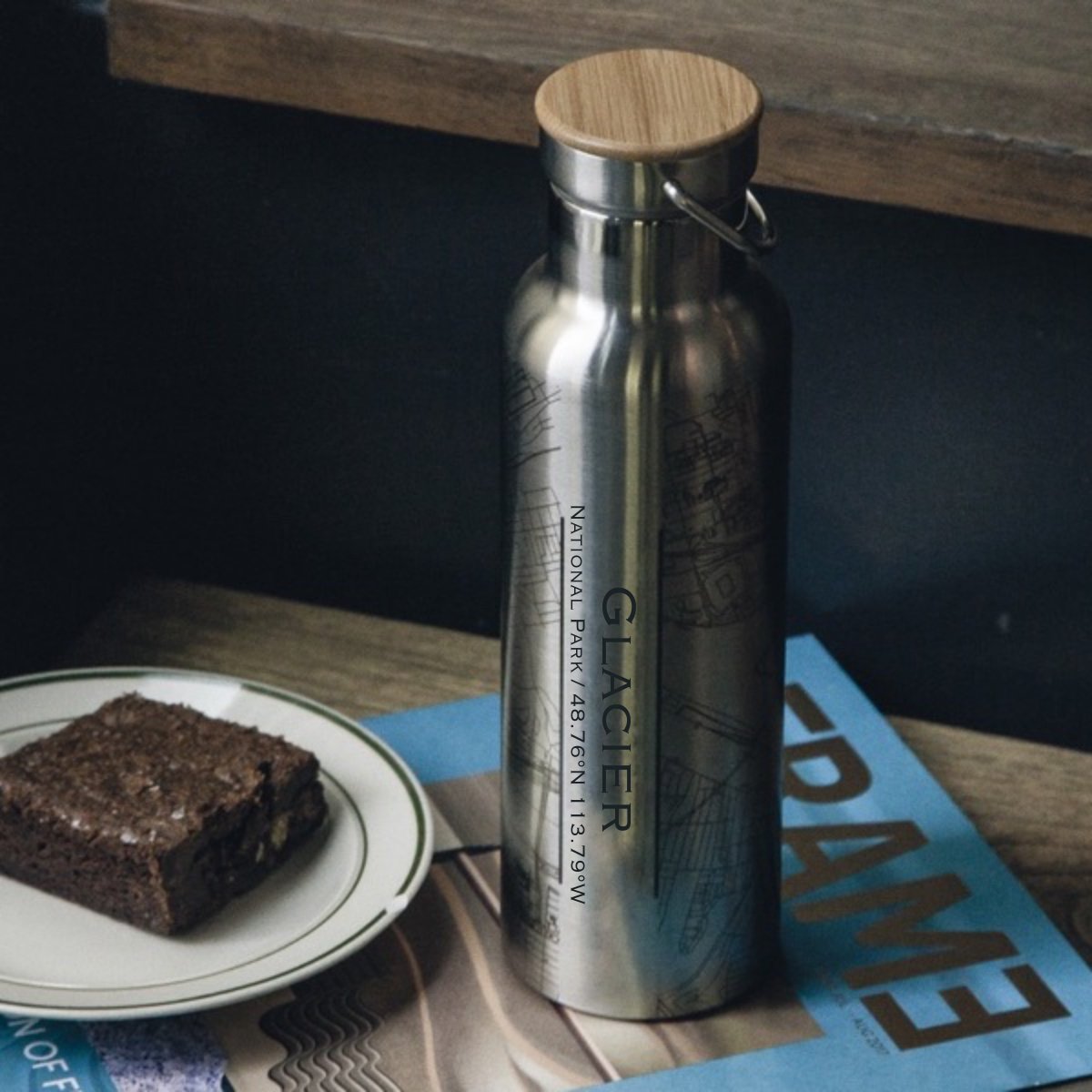 Glacier National Park Engraved Topographic Map Bottle with Bamboo Top