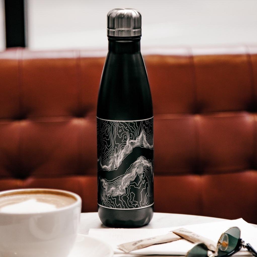 Glacier National Park Engraved Topographic Map Insulated Bottle in Matte Black