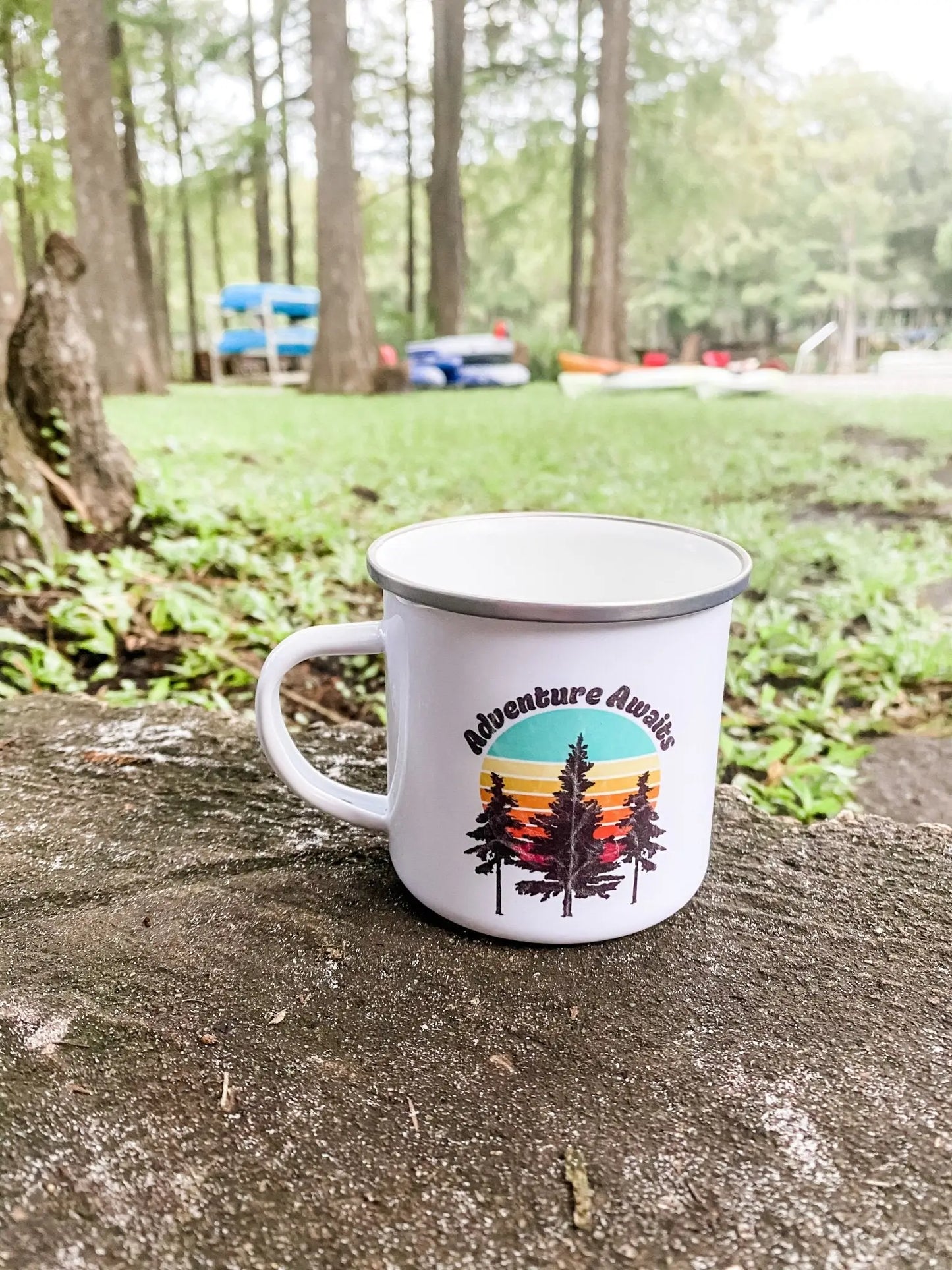 Adventure Awaits Retro Enamel Camping Mug