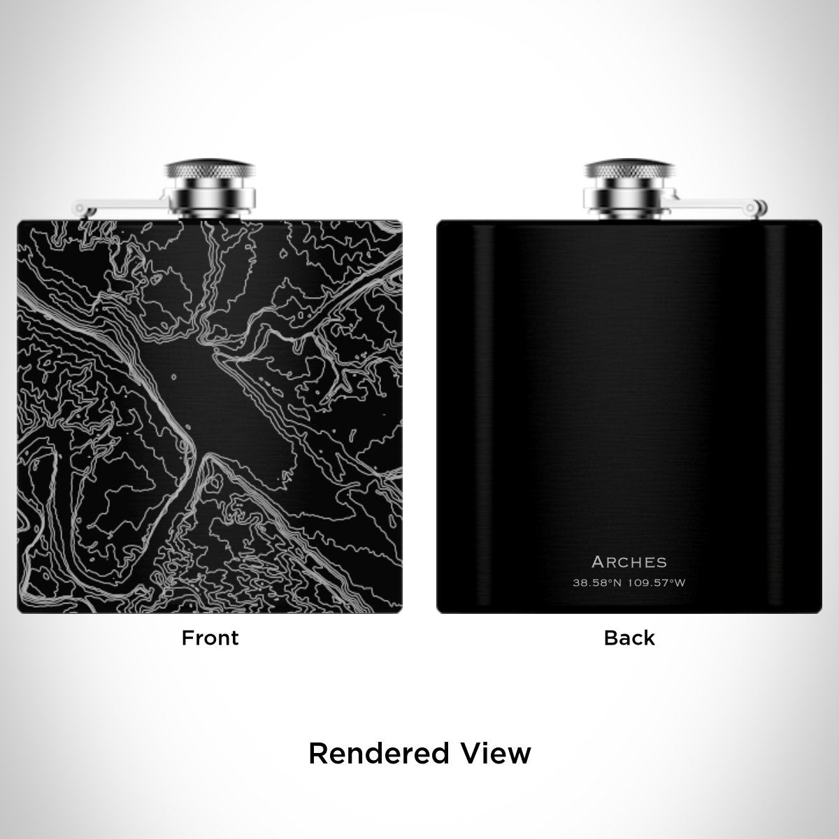 Arches National Park Engraved Topographic Map Hip Flask in Matte Black